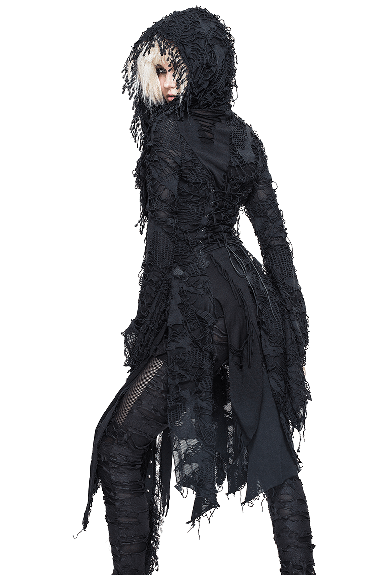 Gothic black women's bat wing sleeve long coat with hood, featuring a unique steampunk design and stylish frayed details.