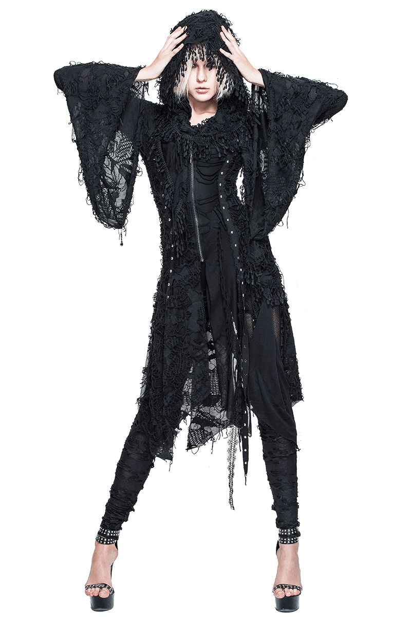 Gothic black women's bat wing sleeve long coat with hood, featuring intricate steampunk design and stylish details.