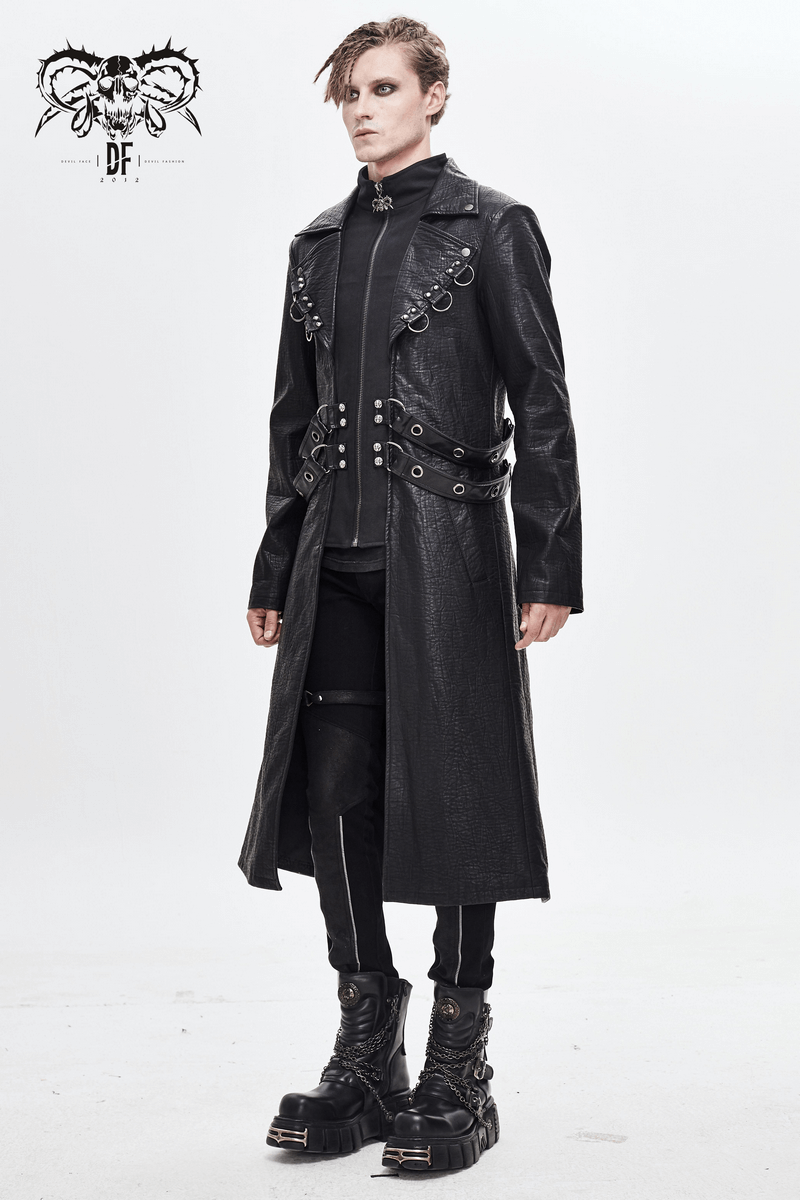 Gothic Black Zipper Leather Coat / Men's Long Coats with Studs and D-rings - HARD'N'HEAVY