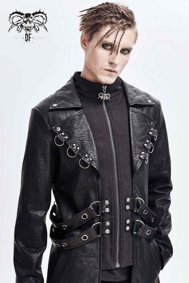 Gothic Black Zipper Leather Coat / Men's Long Coats with Studs and D-rings - HARD'N'HEAVY