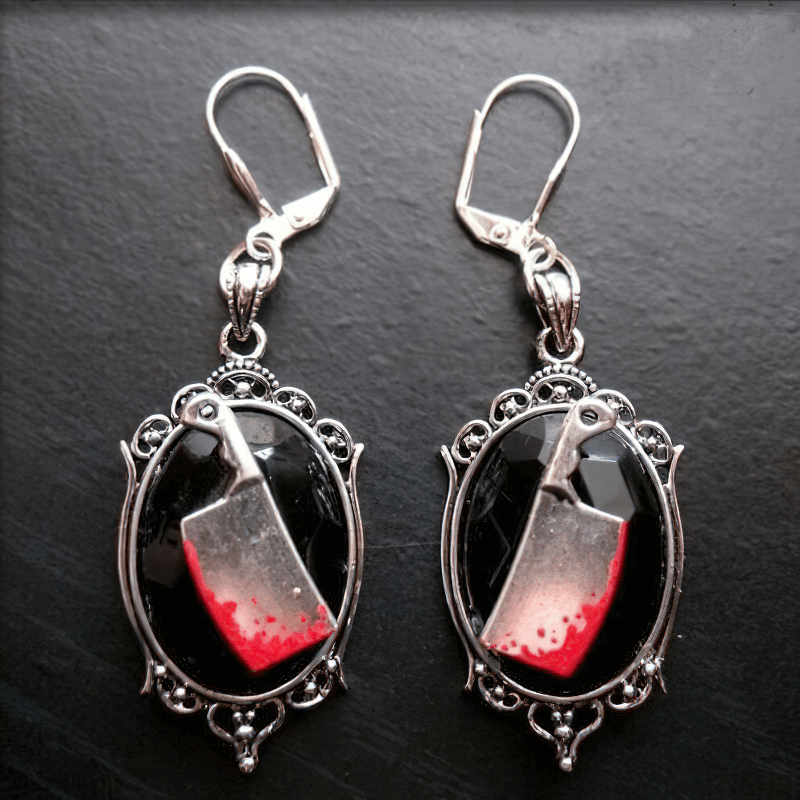 Gothic Bloody Meat Cleaver Earrings with black stone and red design, perfect for enhancing your dark fashion style.