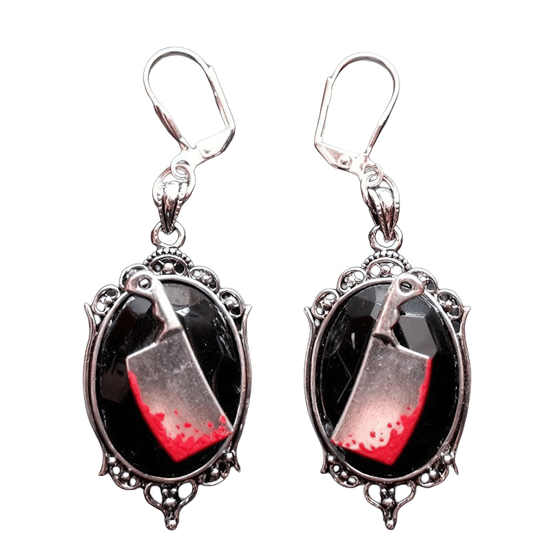 Gothic bloody meat cleaver earrings with big stone, trendy fashion jewelry for unique gothic outfits.