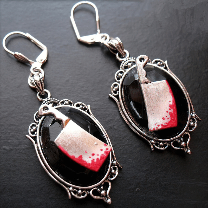 Gothic Bloody Meat Cleaver Earrings with big stones, perfect for edgy fashion outfits.