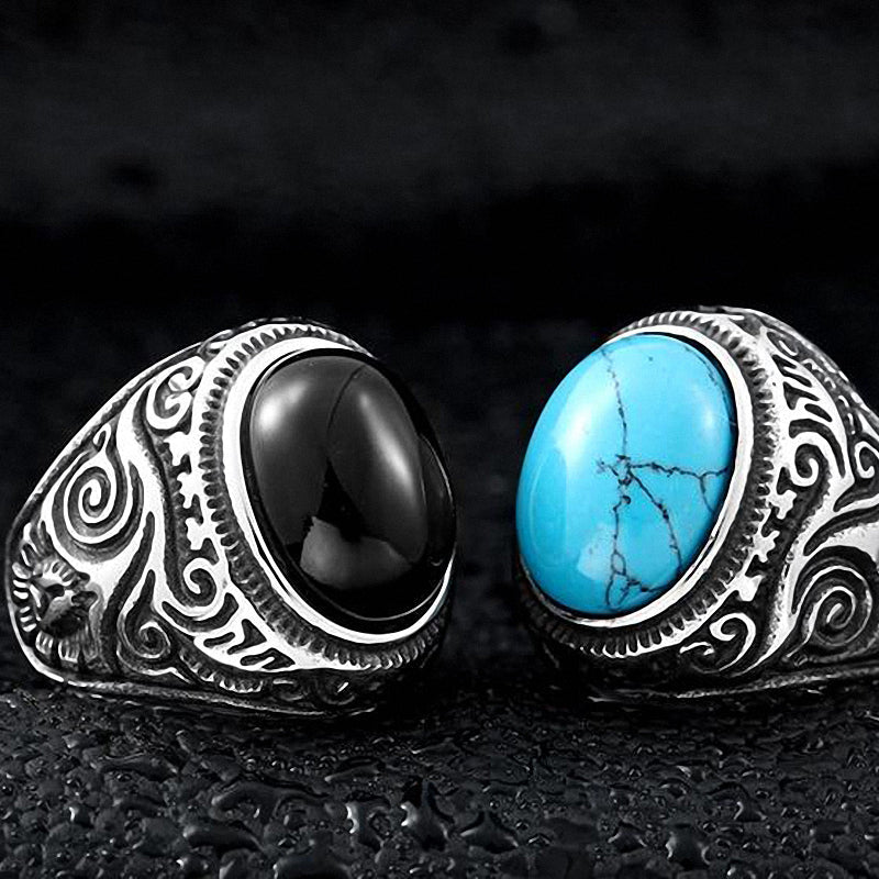 Gothic blue and black stone ring with intricate stainless steel design, perfect for unisex fashion jewelry.