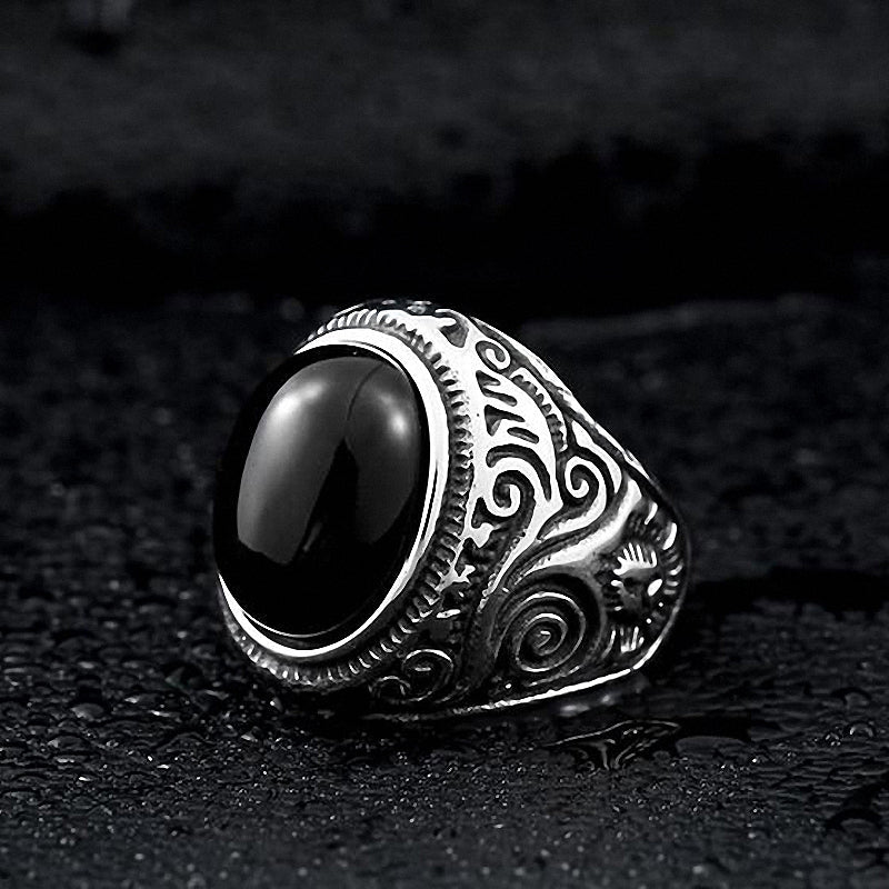 Gothic blue and black stone ring with stainless steel, unisex alternative fashion jewelry for stylish individuals.