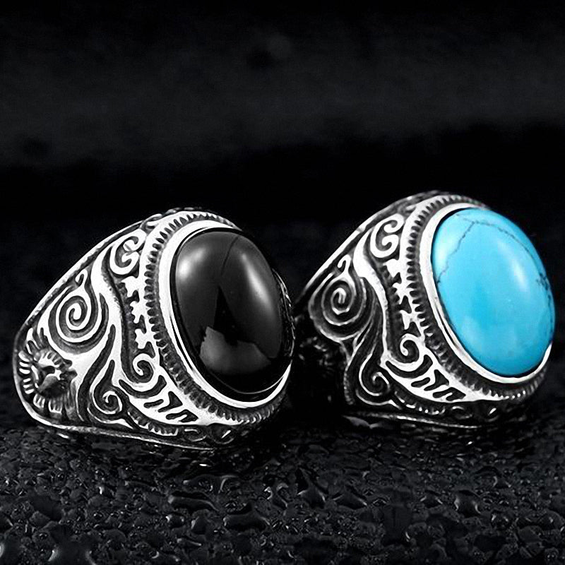 Gothic blue and black stone rings in stainless steel, featuring intricate designs, ideal for any personality and comfortable to wear.