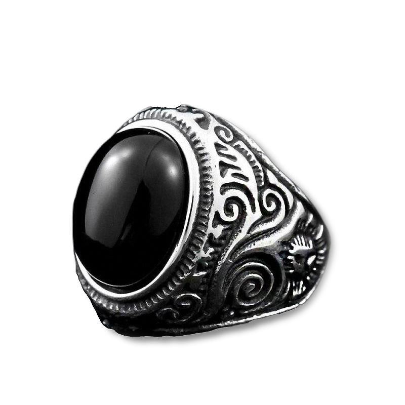 Gothic black stone ring with intricate designs in stainless steel, perfect unisex fashion jewelry for any occasion.