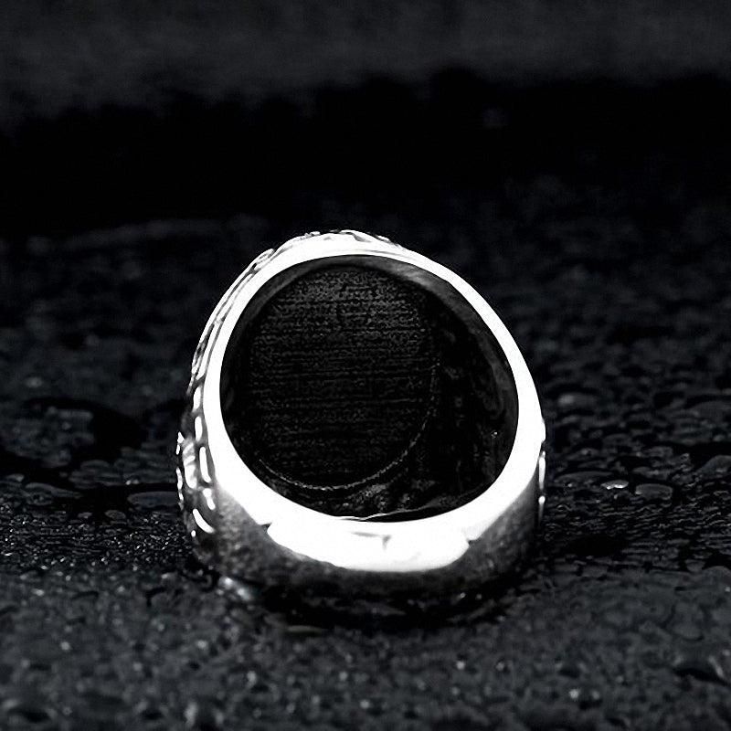 Gothic blue and black stone ring interior view, showcasing stainless steel craftsmanship and stylish unisex design.