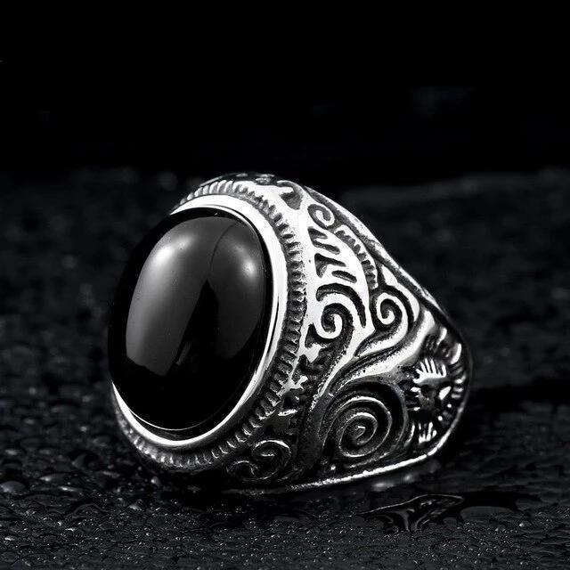 Gothic blue and black stone ring in stainless steel, perfect unisex fashion jewelry for any personality.