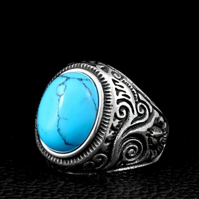 Gothic blue and black stone ring in stainless steel, showcasing a stunning turquoise stone and intricate design.