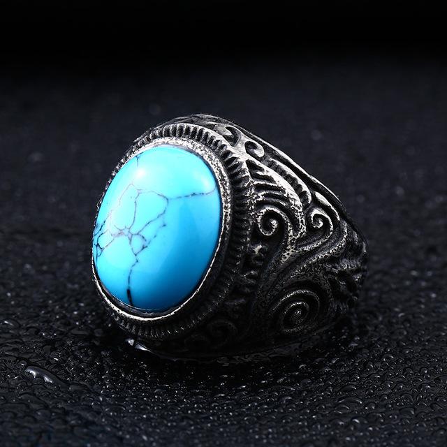 Gothic blue and black stone ring in stainless steel with intricate design, perfect unisex fashion jewelry.