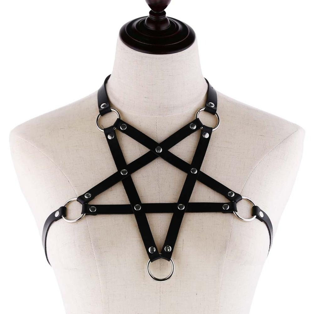 Gothic PU leather body harness bra for women, perfect for alternative fashion and stylish performances.