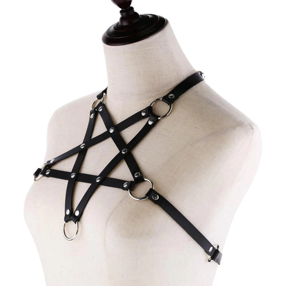 Gothic PU leather body harness bra on a mannequin, ideal for alternative fashion, photoshoots, and edgy outfits.