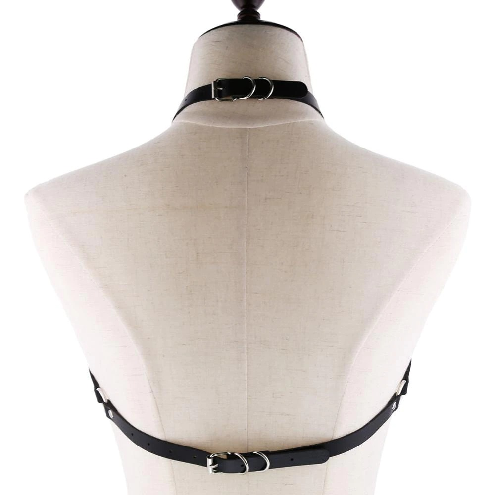 Back view of a Gothic PU leather body harness for women, featuring adjustable straps and chic buckle details.