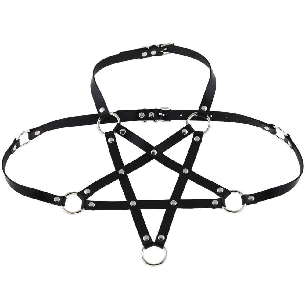 Gothic PU leather body harness bra for women, featuring stylish rings and straps for alternative fashion.