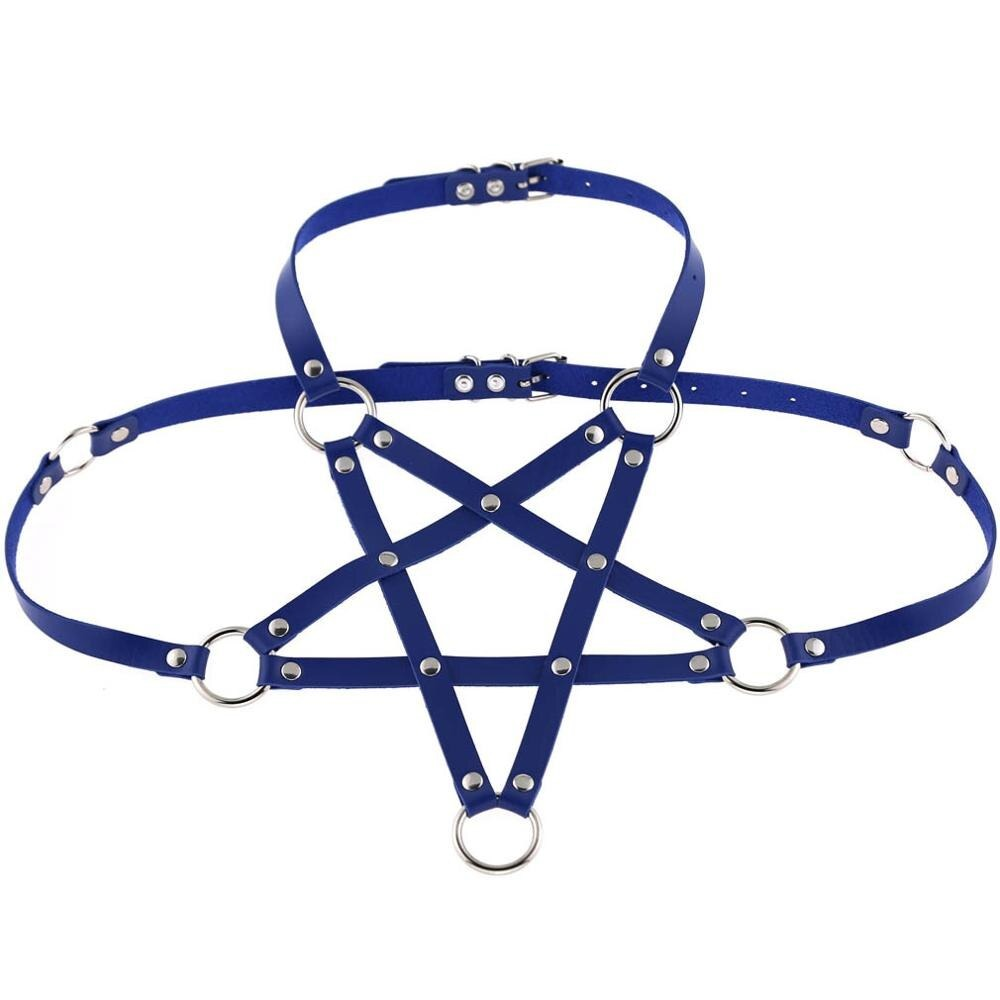 Blue PU leather body harness with metal rings, perfect for alternative fashion and edgy outfits.