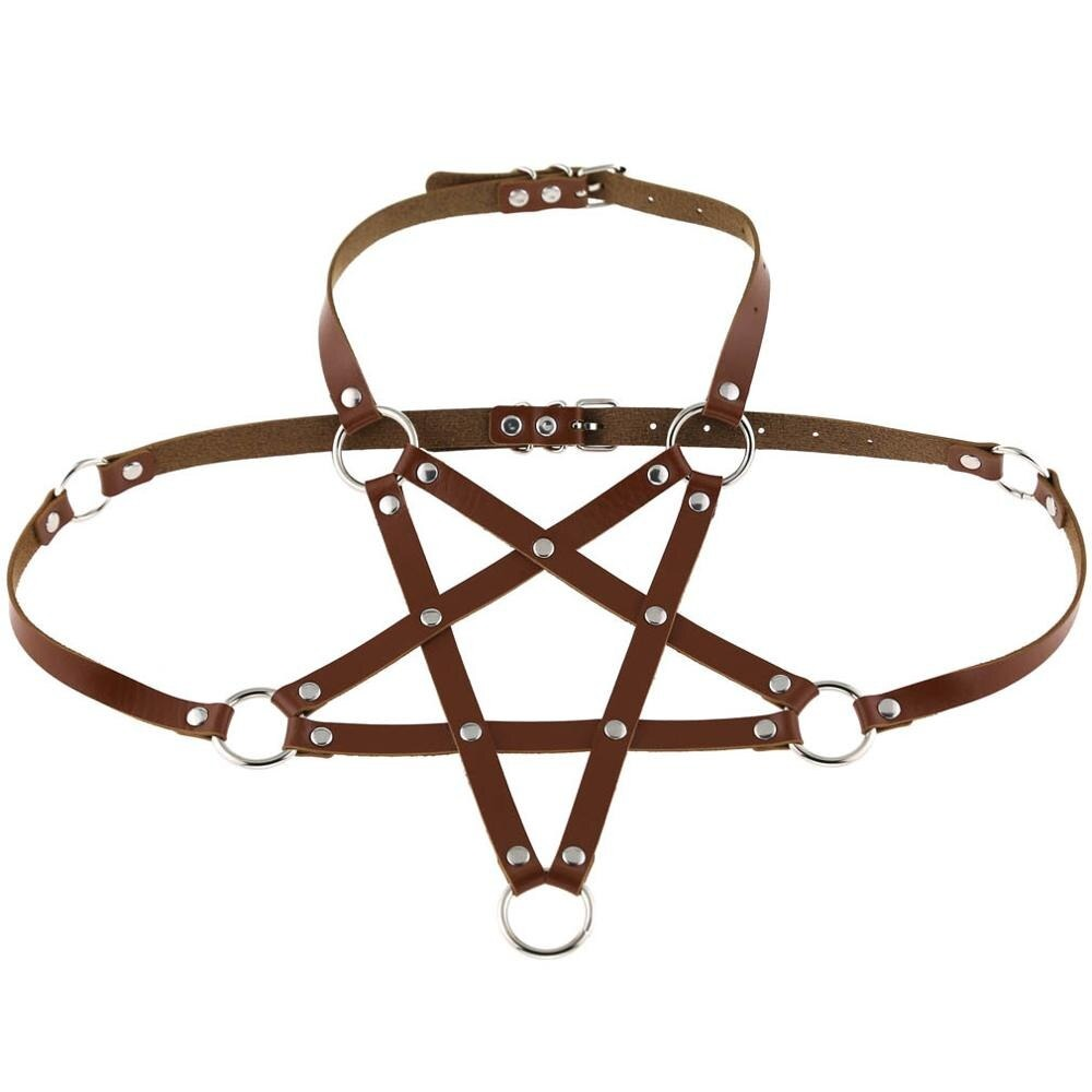 Gothic brown PU leather body harness bra for women, perfect for alternative fashion and performances.