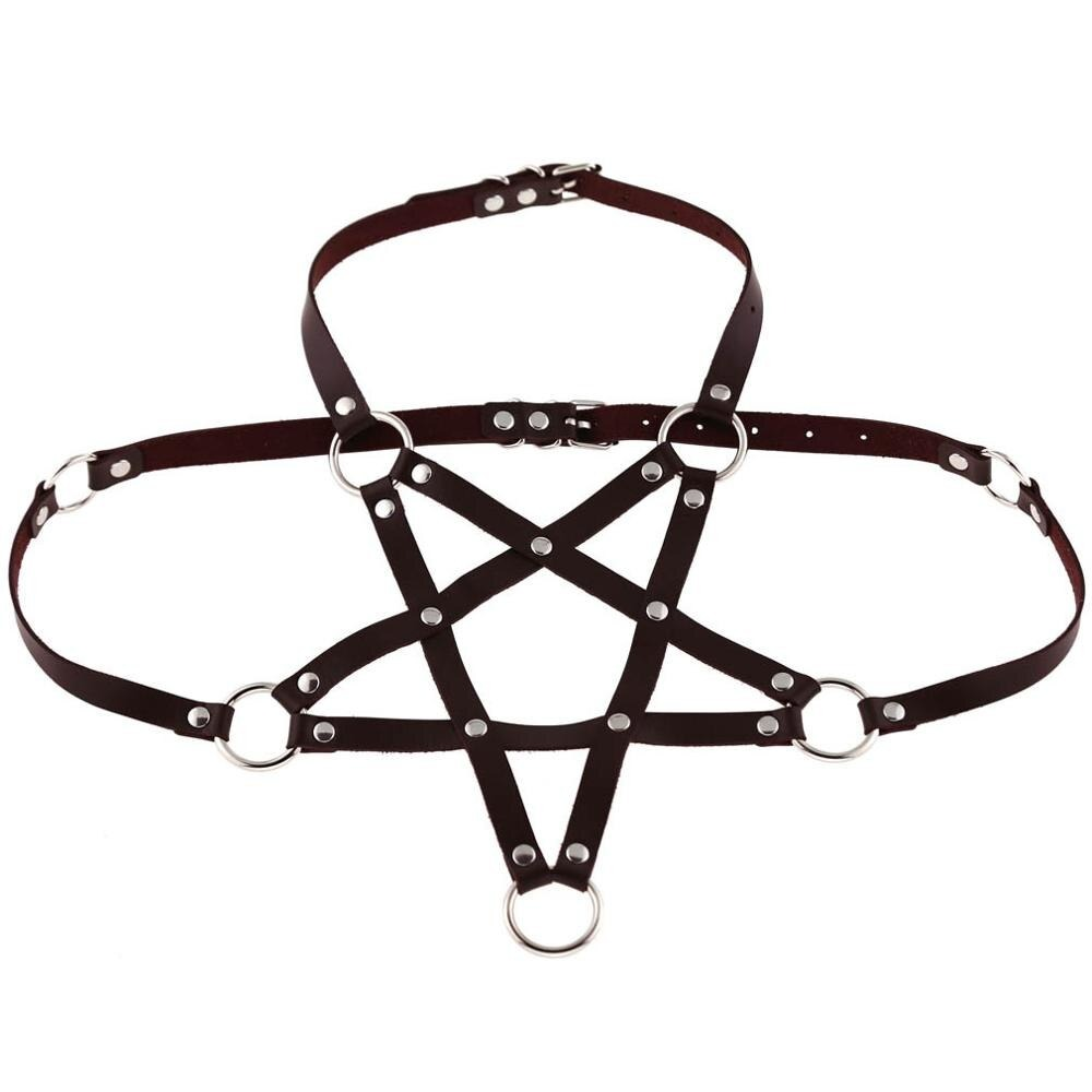 Gothic PU leather body harness bra for women, perfect for alternative fashion and edgy outfits.