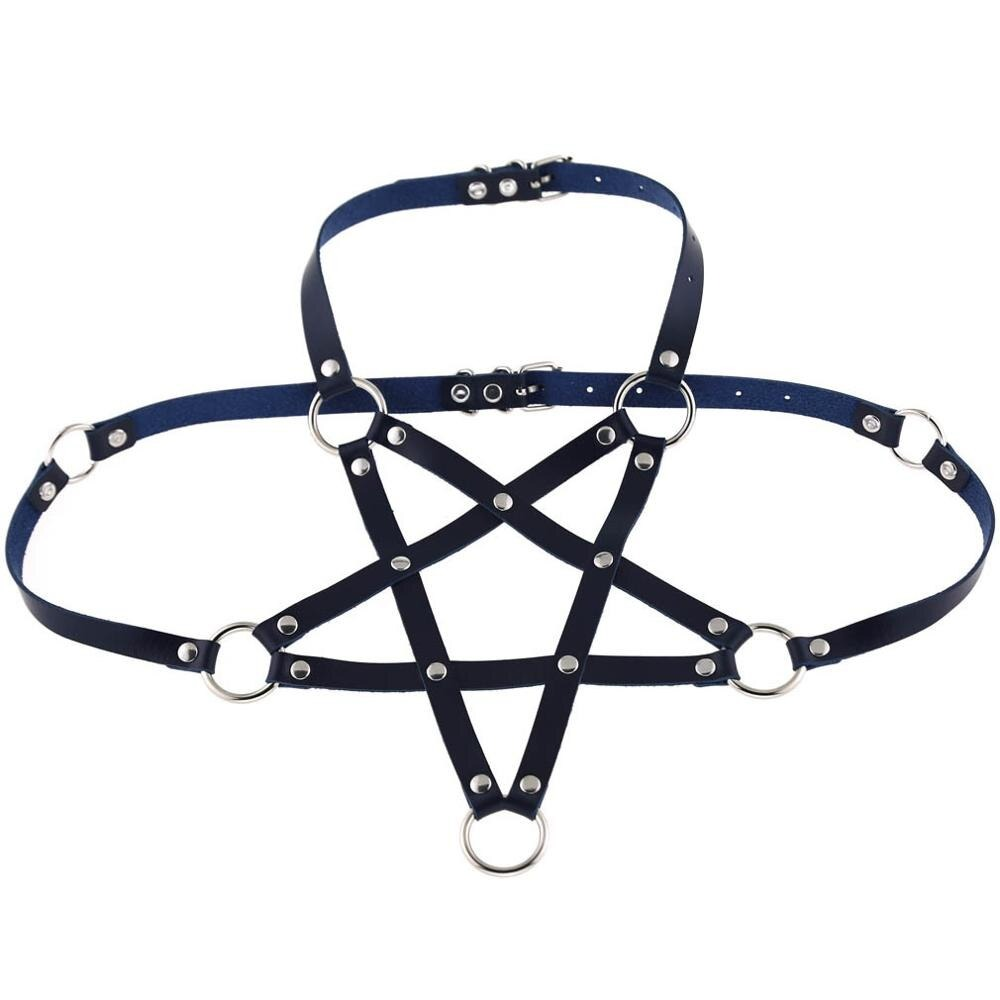 Gothic PU leather body harness bra for women in black with chain details, perfect for alternative fashion and parties.