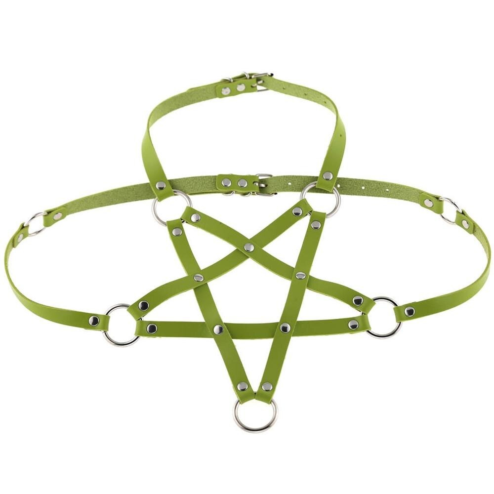 Vibrant green PU leather body harness with rings and straps, perfect for alternative fashion and bold outfits.