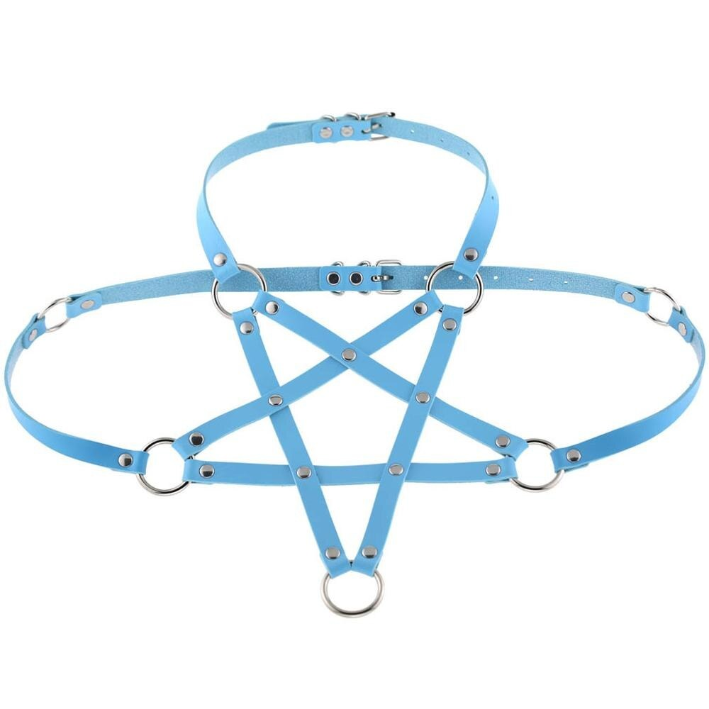 Blue PU leather body harness with silver rings, perfect for alternative fashion and edgy outfits.