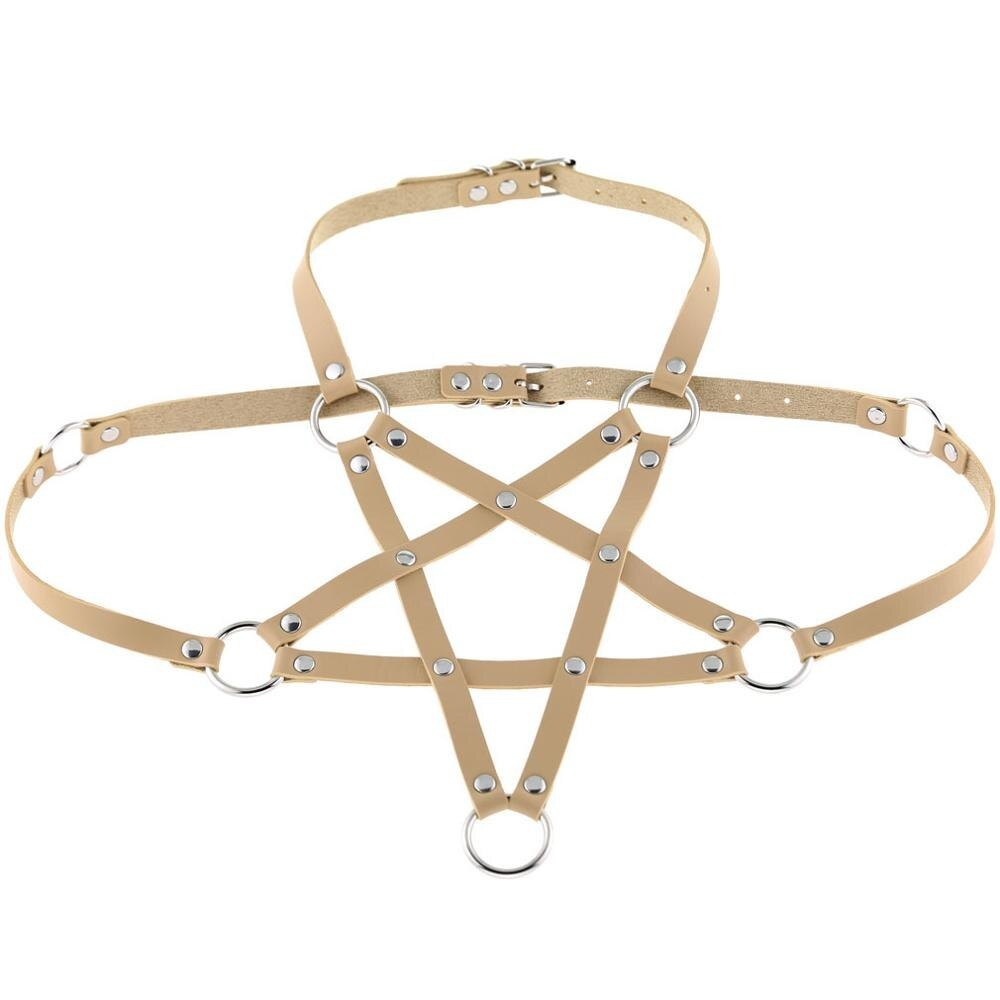 Gothic PU leather body harness bra in beige with metal rings for alternative fashion and stylish outfits.