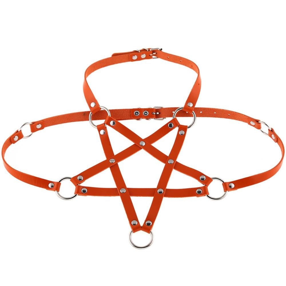 Gothic orange PU leather body harness with metal rings, perfect for alternative fashion and edgy outfits.