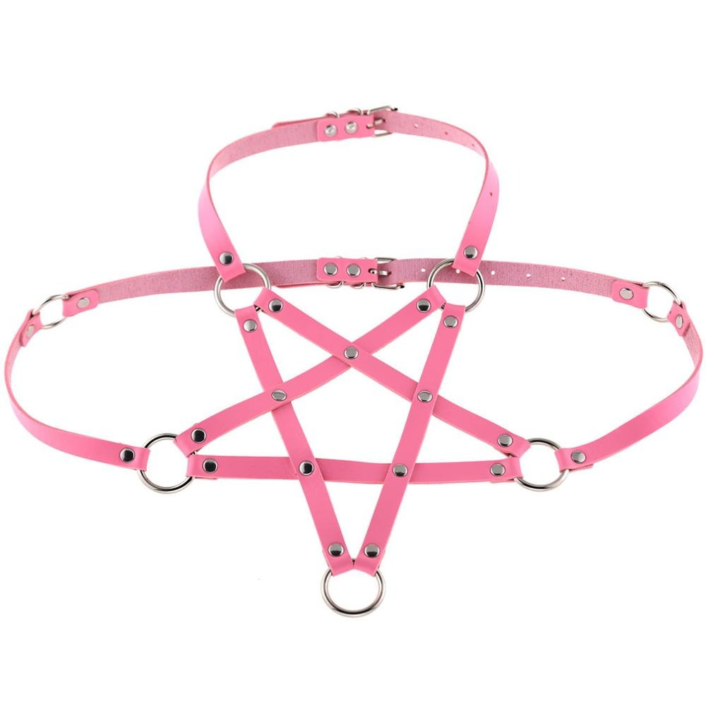 Pink PU leather body harness bra with silver rings, perfect for alternative fashion and stylish performances.
