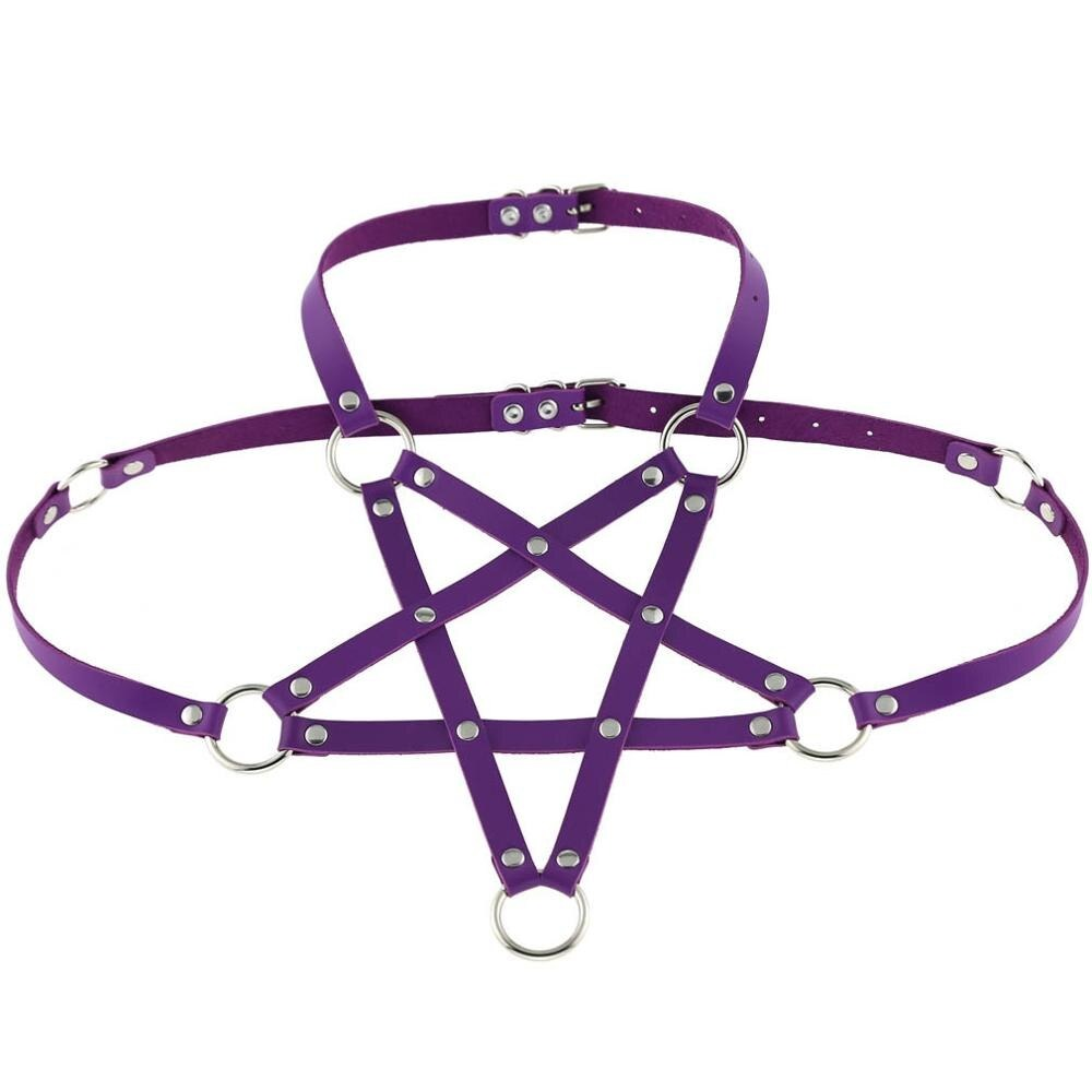Vibrant purple PU leather body harness bra for women, perfect for alternative fashion and edgy outfits.