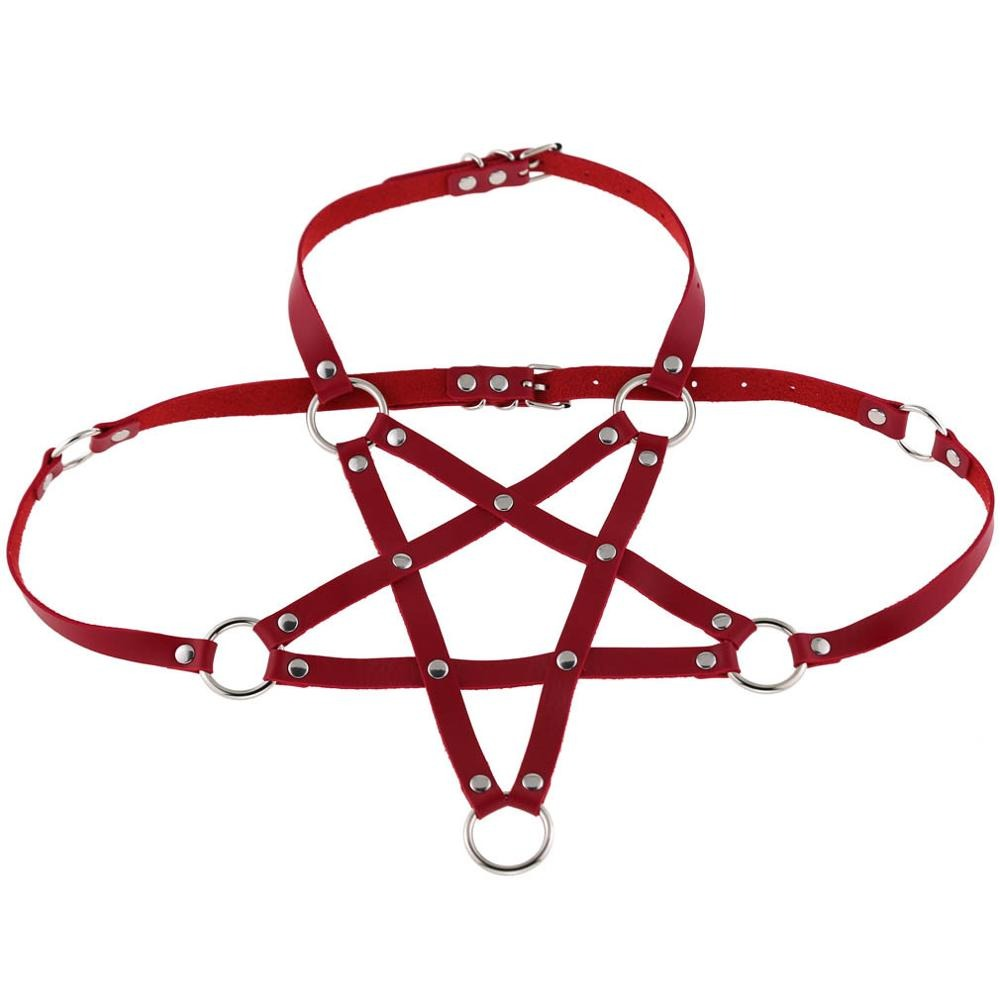 Red PU leather body harness with silver rings for alternative fashion and edgy outfits.