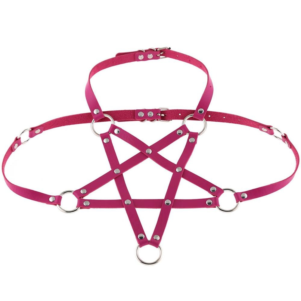 Vibrant pink PU leather body harness bra with metal rings, perfect for alternative fashion and bold outfits.