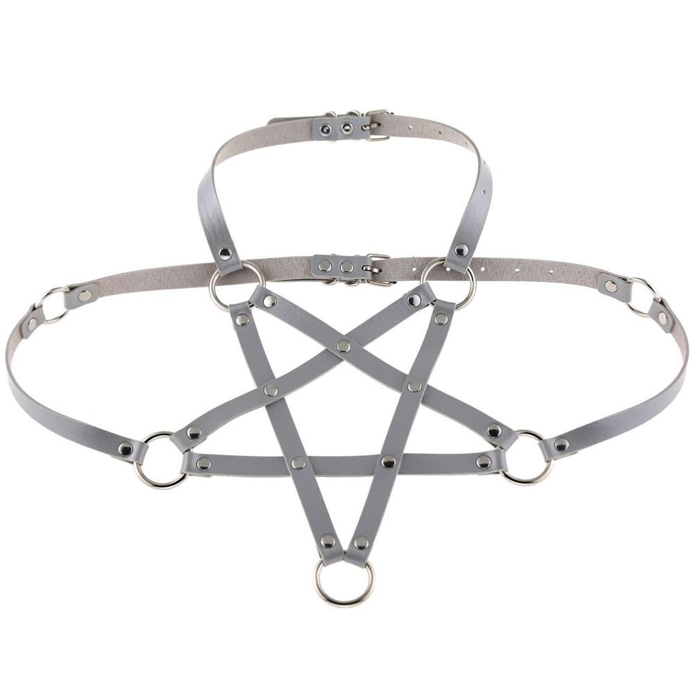 Stylish Gothic PU leather body harness bra in grey, perfect for alternative fashion and edgy events.