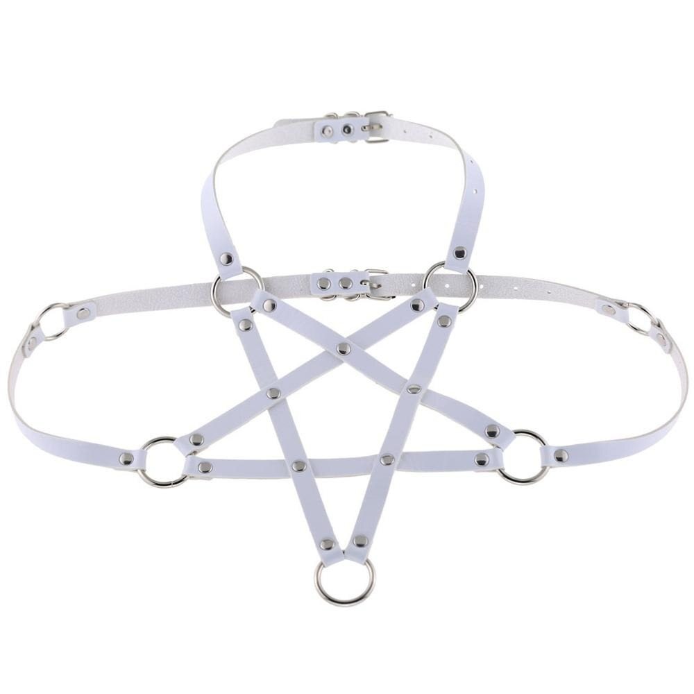 White PU leather body harness bra with silver rings for alternative fashion and edgy outfits.