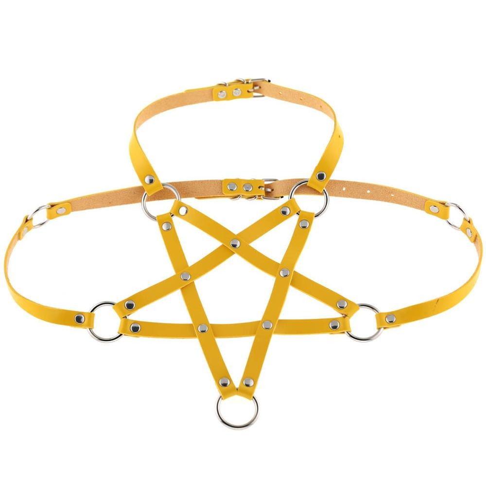 Gothic yellow PU leather body harness bra showcasing a unique pentagram design, perfect for alternative fashion and edgy outfits.