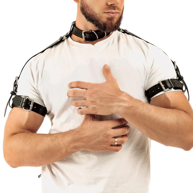 Men's gothic body harness of faux leather with silver fittings, perfect punk accessory for a bold style.