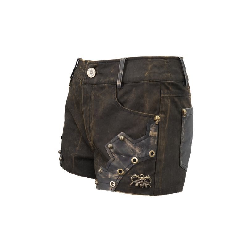 Gothic Brown Rivets Studded Shorts / Steampunk Female Slim Shorts with Chain - HARD'N'HEAVY