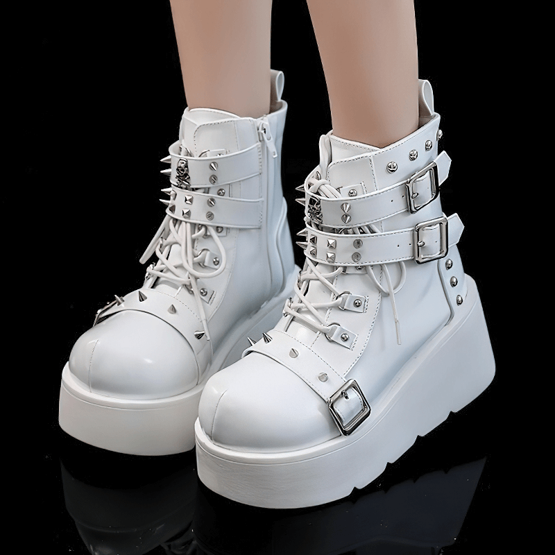 Gothic white platform ankle boots with spikes and buckles, perfect punk style shoes for women.