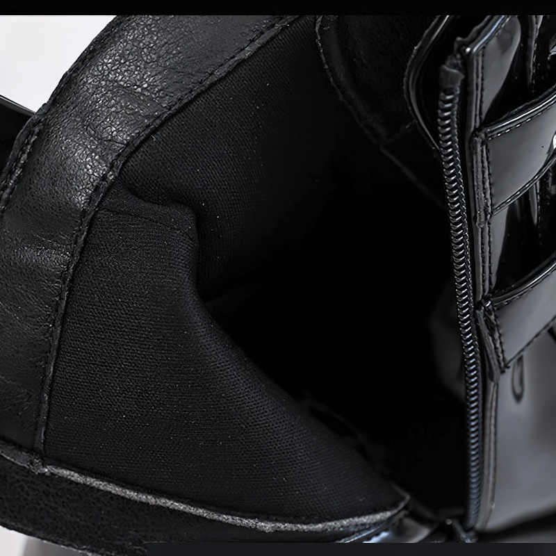 Interior view of women's Gothic platform ankle boots, showcasing soft black lining and zipper detail.