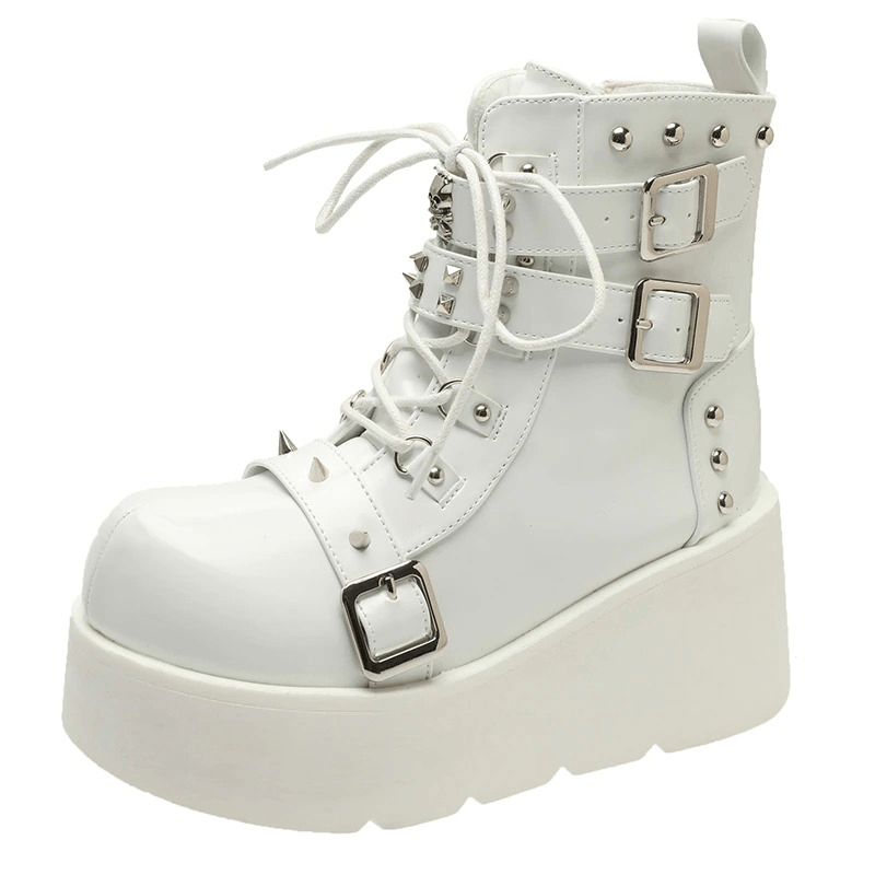 White Gothic Platform Ankle Boots with Spikes and Rivets for Punk Style Fashion
