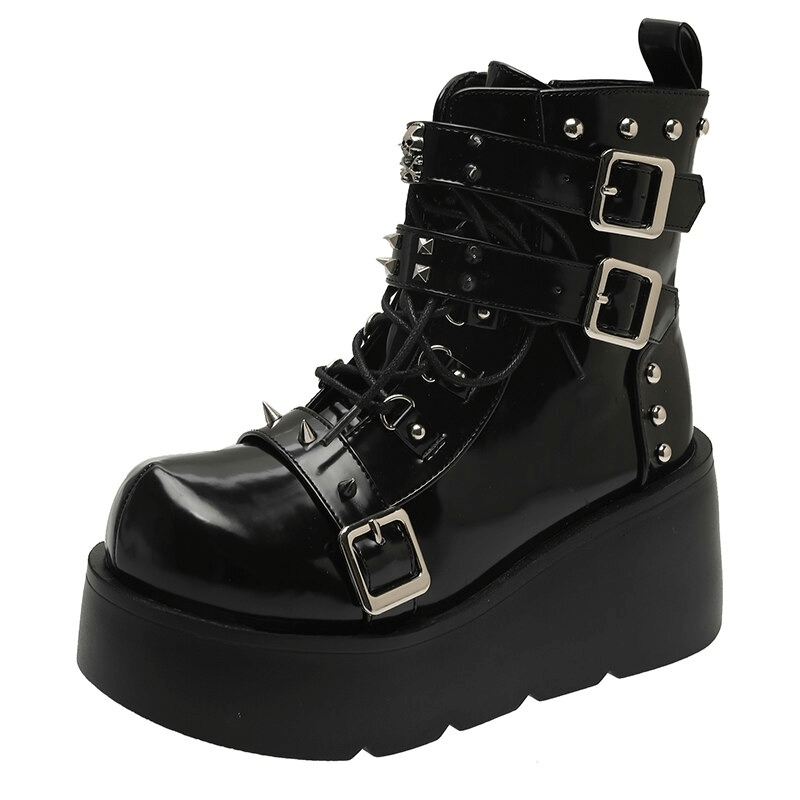 Gothic Buckles Platform Ankle Boots / Fashion Rivets Lace-Up Punk Shoes for Women - HARD'N'HEAVY