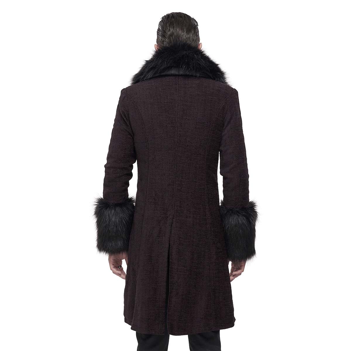 Gothic Burgundy Zipper Coat with Detachable Faux Fur / Men's Mid-Length Coat with Buttons - HARD'N'HEAVY