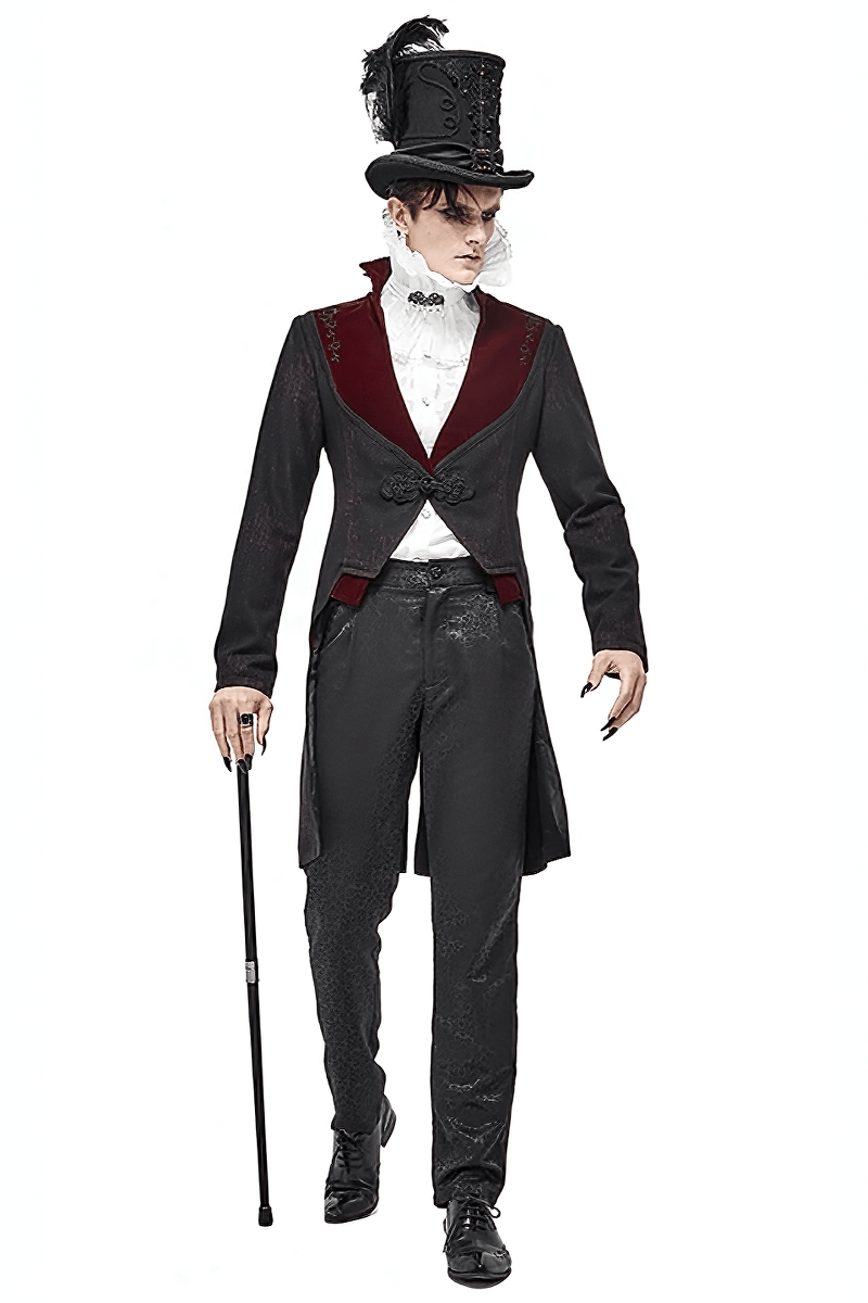 Stylish man in gothic attire with top hat and cane, exuding elegance and charm in a vintage-inspired outfit.