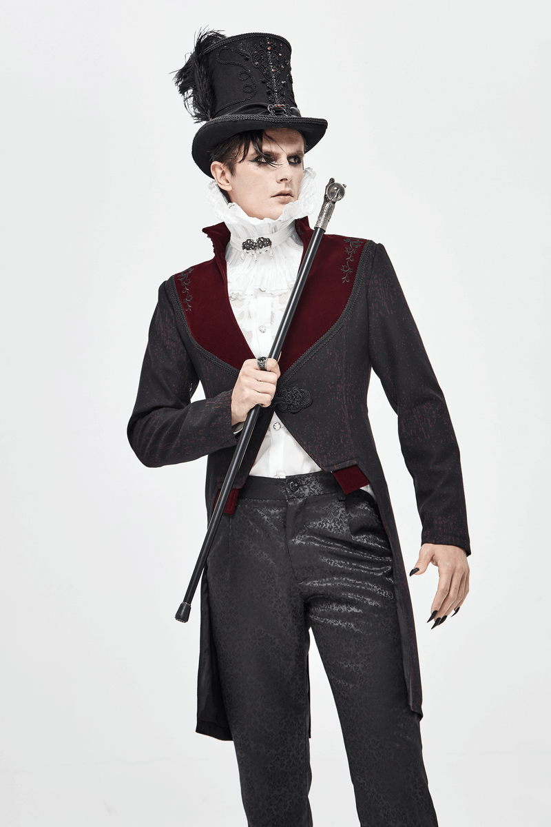 Gothic model in stylish attire holding a cane, featuring a dragon claw and glass ball, perfect for unisex fashion.