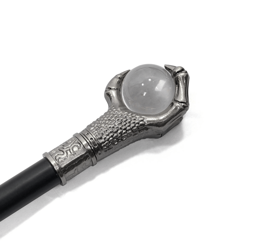 Gothic cane featuring a dragon claw handle and crystal ball, perfect unisex accessory for unique style.