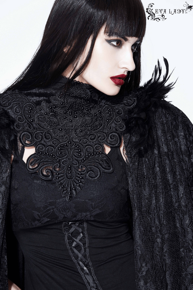 Gothic Cape with Feather Shoulder / Female Long Black Cloak with Lace Decoration