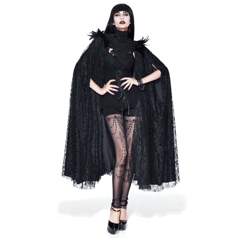 Gothic Cape with Feather Shoulder / Female Long Black Cloak with Lace Decoration