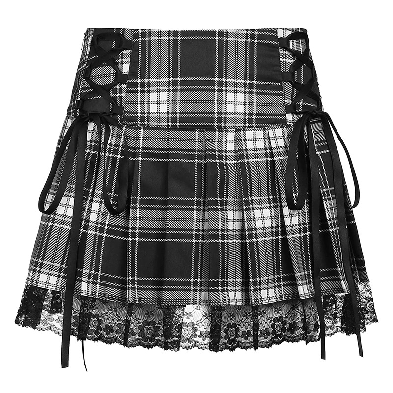 Gothic checkered mini skirt with lace trim and side ties, perfect for a punk fashion aesthetic.