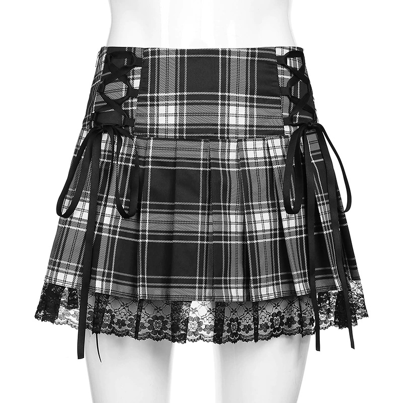 Gothic checkered mini skirt with lace trim and side ties, perfect for a punk fashion aesthetic.
