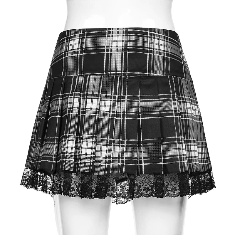 Gothic checkered mini skirt with lace trim, stylish punk plaid design perfect for fashion-forward wardrobes.