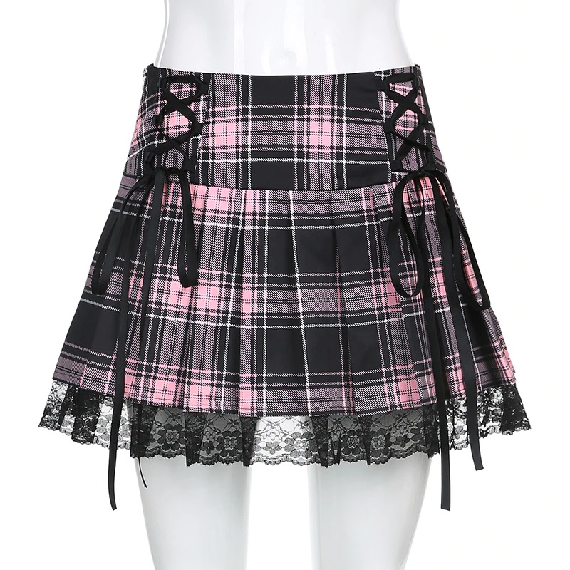 Gothic checkered mini skirt in pink and black plaid with lace trim and side ties, perfect for punk fashion lovers.